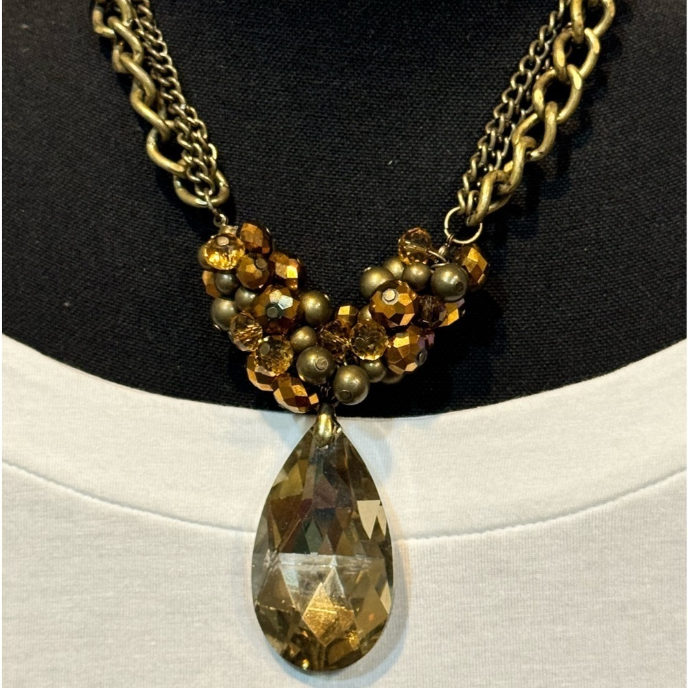 Vintage Champagne Gemstone Gold Toned Chain Statement Necklace